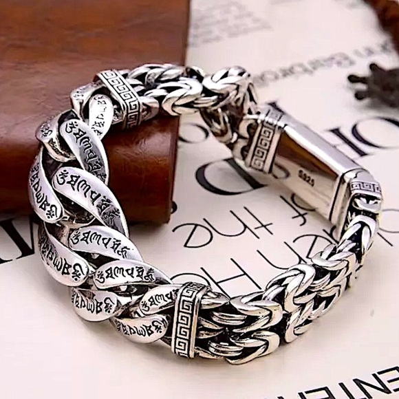 Stainless Steel Chain Link Bracelet, Mantra, Curb Hand Woven Engraved Byzantine - Picture 12 of 12